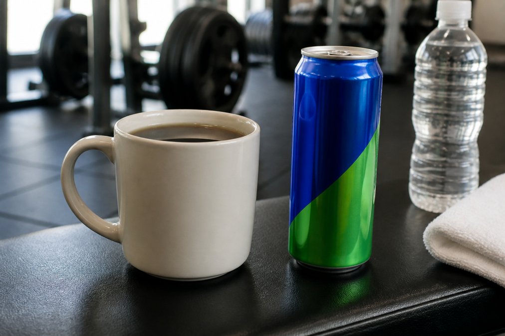 A ceramic mug of black coffee and an energy drink on a gym bench for a coffee vs energy drinks comparison.