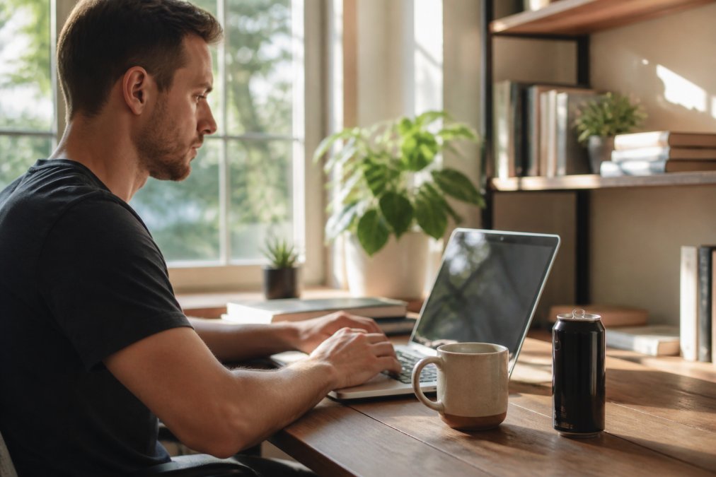 Remote professional at home desk with a fresh cup of coffee, laptop open with work visible, morning natural light streaming through window, focused expression
