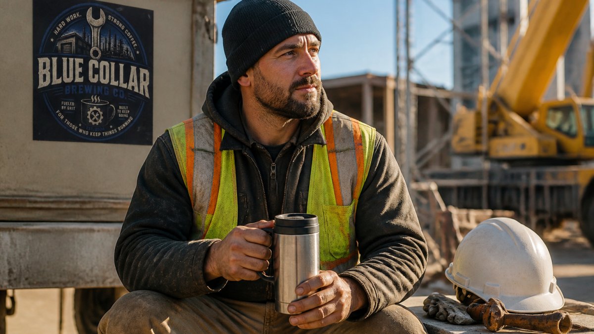 Construction worker in safety vest holding a thermos of coffee on a job site during morning break, alert and focused, natural sunlight