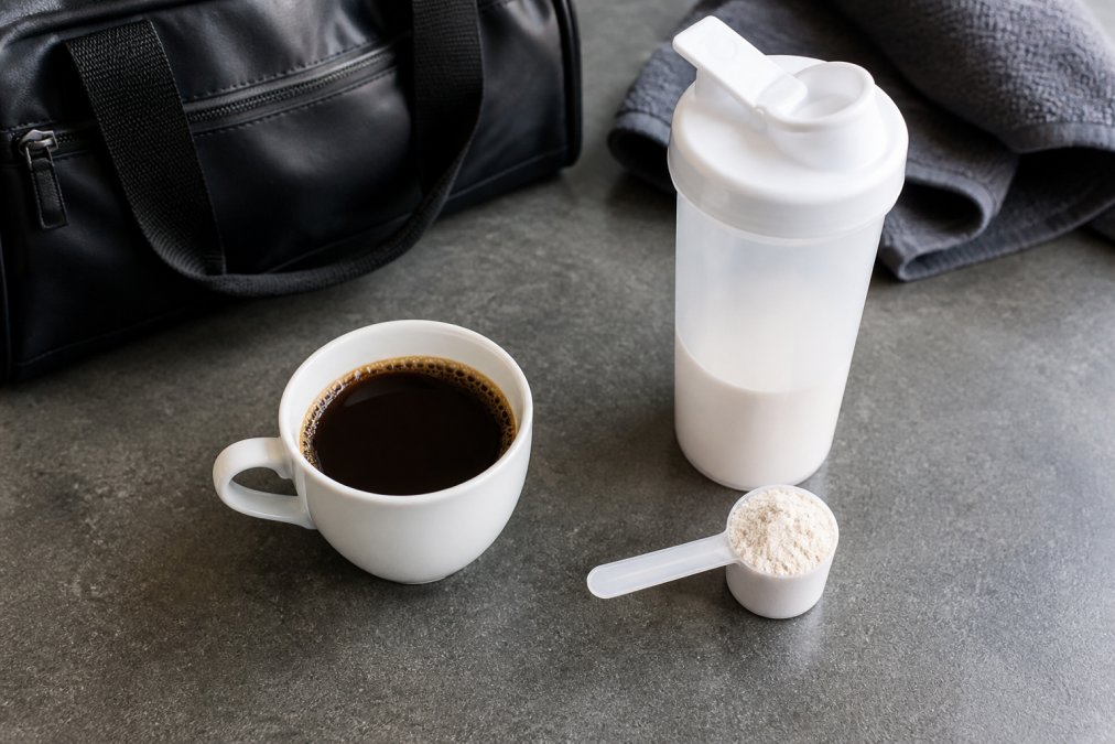 Freshly brewed black coffee next to a shaker bottle of powder on a kitchen counter with gym gear nearby