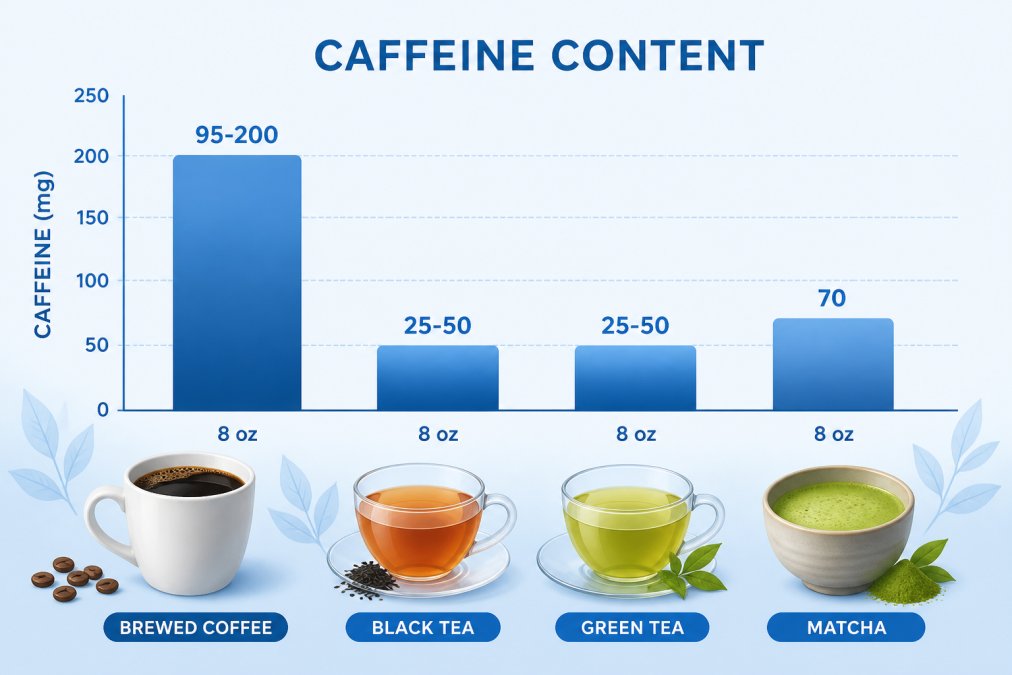 Bar chart comparing caffeine content: 8 oz brewed coffee (95-200mg), 8 oz black tea (25-50mg), 8 oz green tea (25-50mg), 8 oz matcha (70mg)