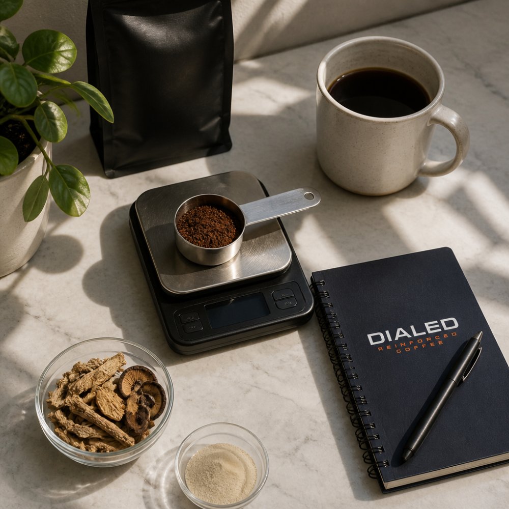 Overhead shot of a kitchen counter with a bag of coffee, a metal scoop resting on a small digital scale, and a mug of black coffee beside a notebook and pen, morning light across the surface