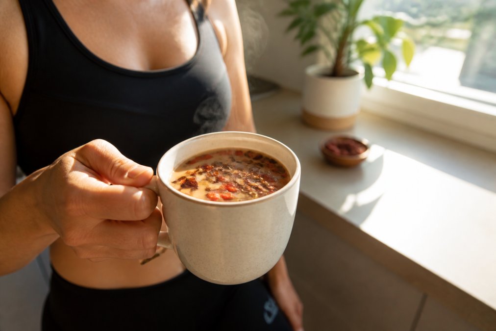 Close-up of a steaming cup of fusion coffee with visible goji berries and rooibos blend, held by someone in athletic wear against a bright kitchen window with morning light, suggesting wellness and active lifestyle