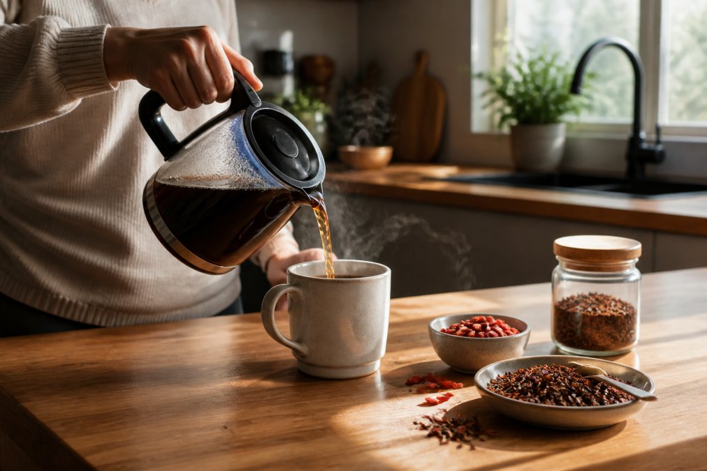 Hands pouring brewed fusion coffee into a ceramic mug with visible goji berries and rooibos tea leaves on the counter beside it, morning sunlight streaming through a kitchen window, steam rising from the cup