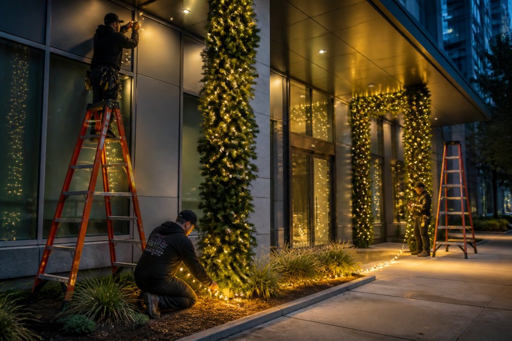 Professional installation crew securing LED lighting strings along modern corporate building facade at dusk, with custom garland wrapped around entrance pillars and warm white lights reflecting off glass exterior