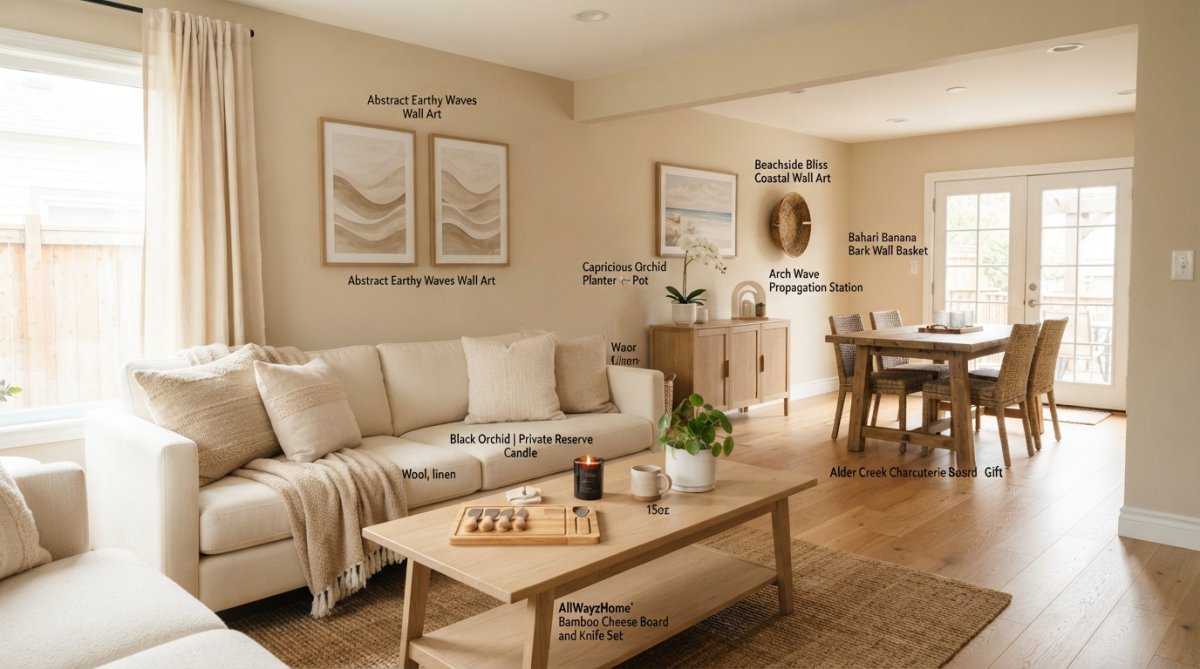 Bright, airy living room with cohesive neutral color palette featuring warm beige walls, cream-colored sofa, light wood flooring, and natural light streaming through large windows flowing seamlessly into an adjacent dining area with soft gray accents