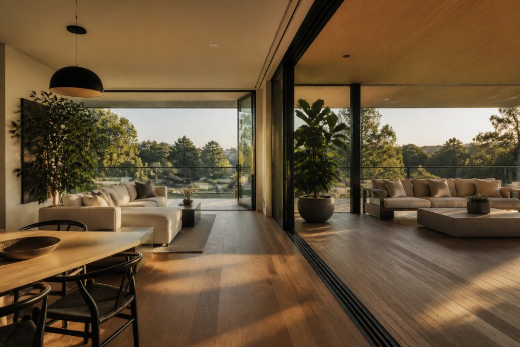 Luxurious living room with matching timber floors creating a cohesive interior that flows onto a sunny terrace