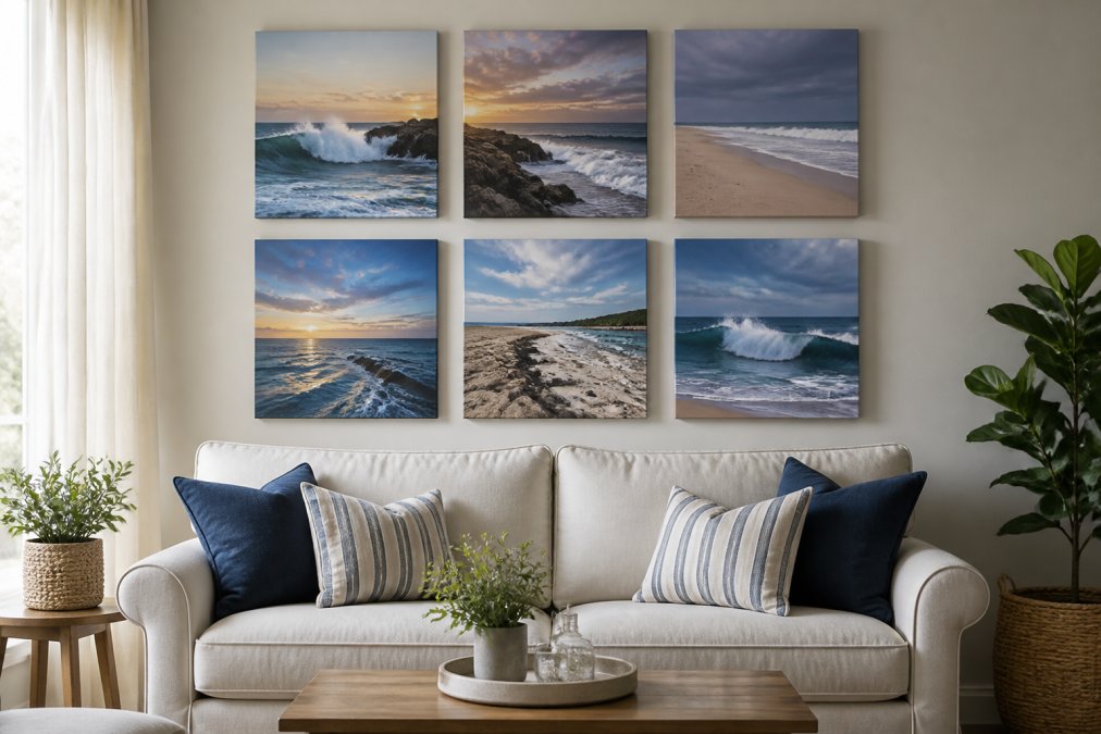 A modern living room wall displaying a symmetrical grid of framed coastal canvas prints at eye level, with proper 2-4cm spacing between frames, soft natural light from a window illuminating the arrangement above a neutral sofa