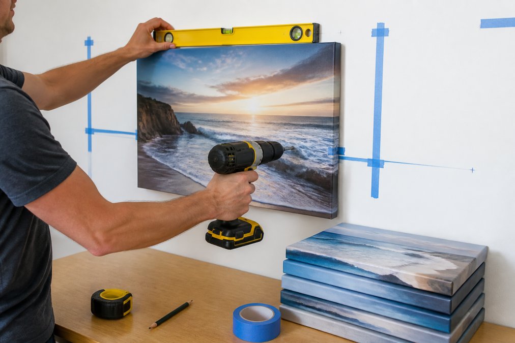 Close-up of hands using a spirit level and electric drill to hang a framed coastal canvas print on a white wall, with painter's tape marking frame positions and measurement marks visible