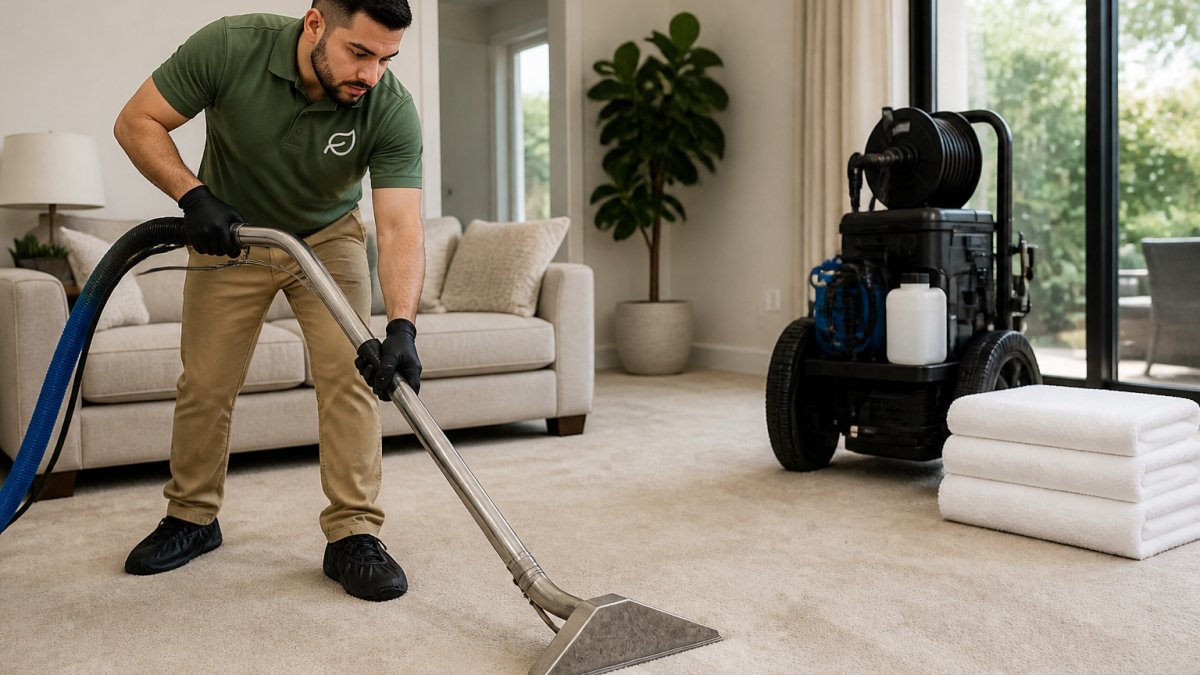 A professional carpet cleaning technician in uniform using a hot water extraction wand on a light-colored living room carpet, with clean white towels and equipment visible in the background