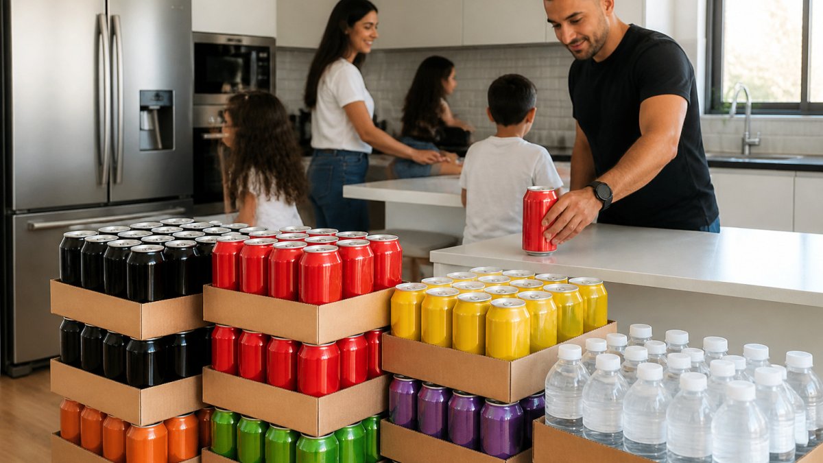 בן משפחה מניח פחית שתייה קלה על השיש במטבח ביתי לצד מארזי משקאות צבעוניים