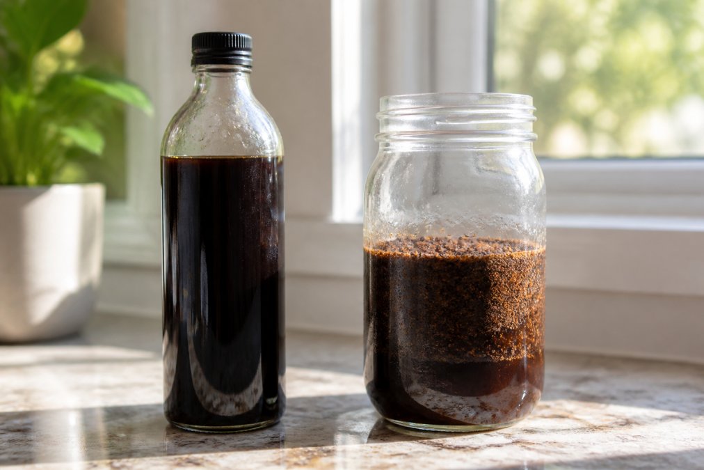 Glass bottle of commercial cold brew concentrate next to a mason jar with coffee grounds steeping in cold water, morning sunlight streaming through a kitchen window