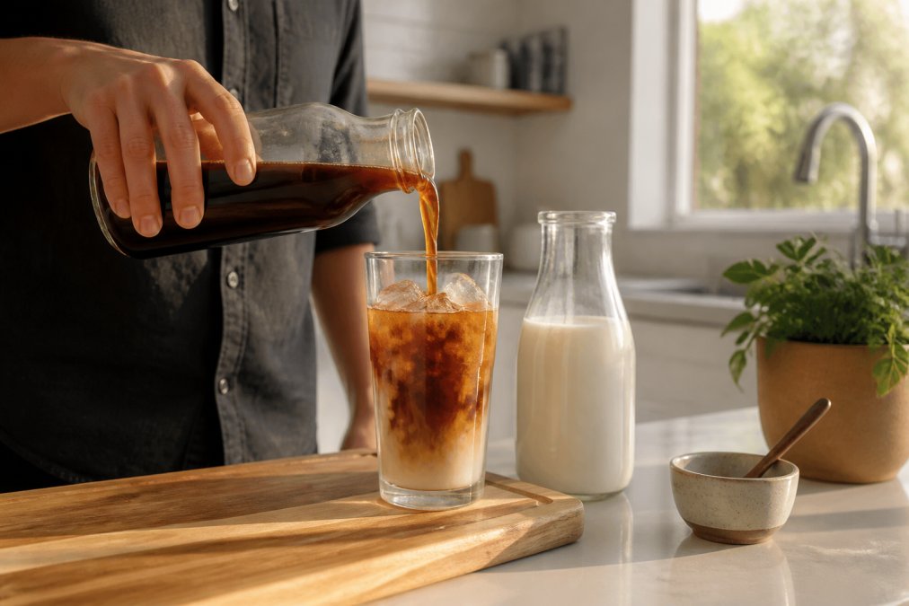 Person pouring cold brew concentrate from a glass bottle over ice in a tall glass, diluting with milk in a bright, modern kitchen with morning sunlight