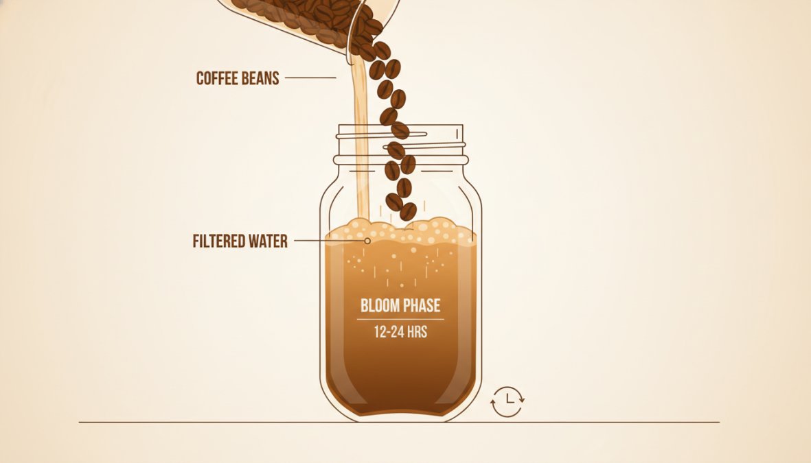 Close-up of freshly roasted coffee beans being poured into a clear mason jar with filtered water, showing the bloom phase with slight foam on the surface, morning sunlight streaming through a kitchen window