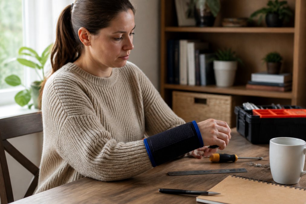 Person wearing a wrist cold compression sleeve properly fitted over the wrist and lower forearm, with the gel pack positioned over the tendon area, demonstrating correct alignment and comfort during seated rest