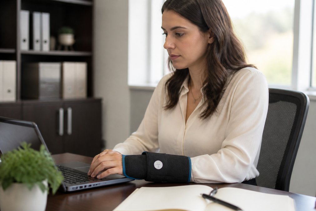 Person wearing a wrist cold compression sleeve while working at a computer desk, demonstrating comfortable fit and proper positioning during daily activities with natural office lighting