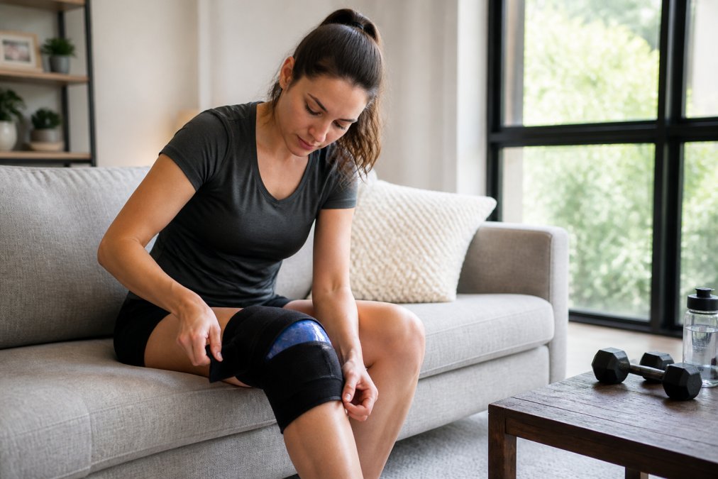 A person carefully wrapping a cold compression sleeve around their knee while sitting on a sofa, the gel pack visible beneath the fabric, calm and focused expression, soft natural window light