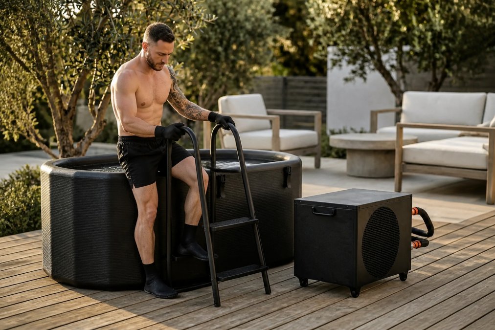 Beginner wearing neoprene gloves and booties standing at the edge of a cold plunge tub with a step ladder visible, hands gripping the ladder rail with focused posture