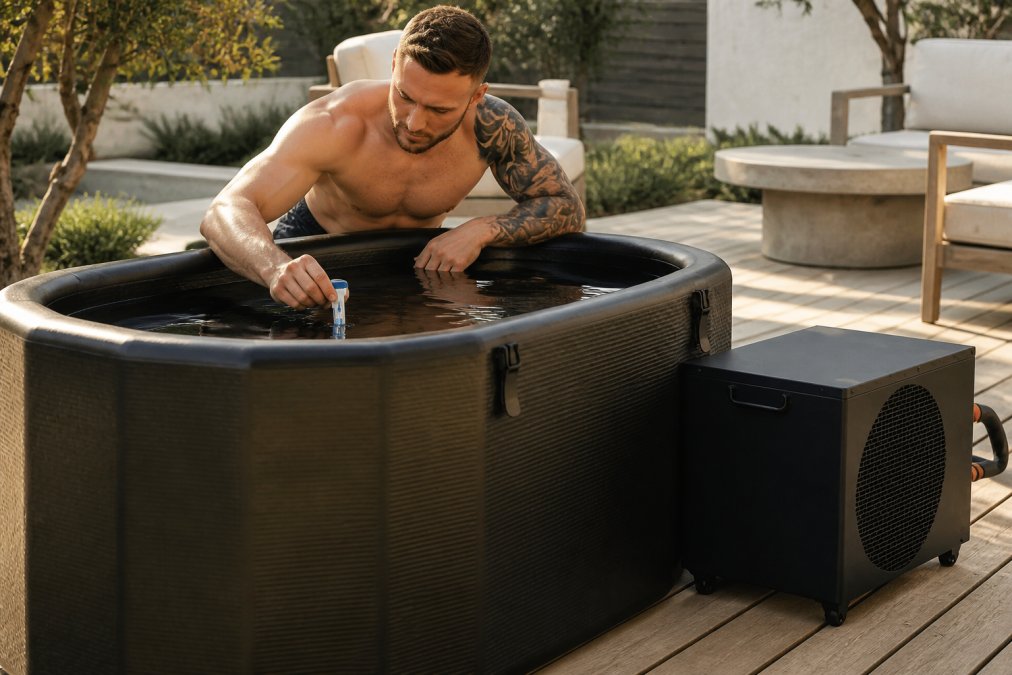 Person's hands checking water clarity with a thermometer in a well-maintained cold plunge, showing crystal-clear water with filtration equipment visible in the background
