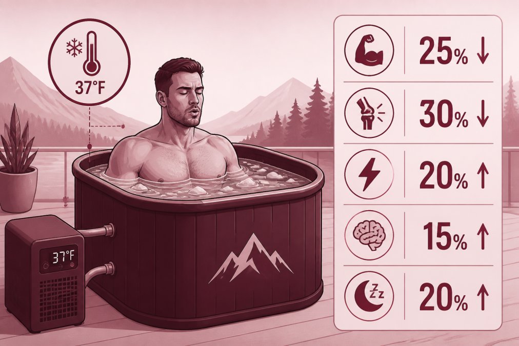 Athlete sitting in a cold plunge tub outdoors, showing visible concentration and controlled breathing during cold water immersion therapy, natural daylight illuminating the scene