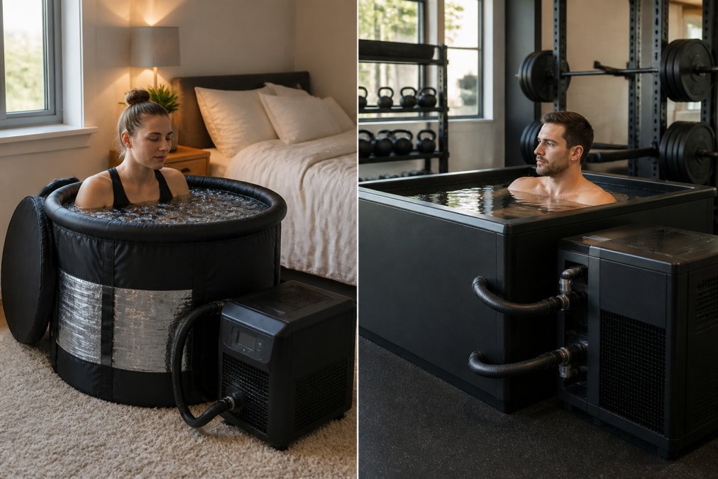 Compact inflatable ice bath set up in a small apartment bedroom corner with thermal insulation visible, contrasted with a hard-shell cold plunge tub positioned in a spacious home gym with integrated filtration system
