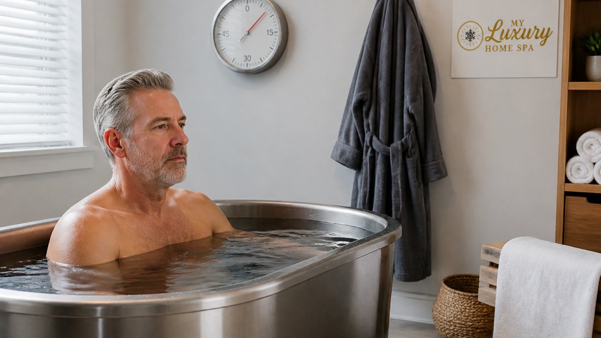 An adult seated in a cold plunge tub in a home spa, with a timer and towel nearby