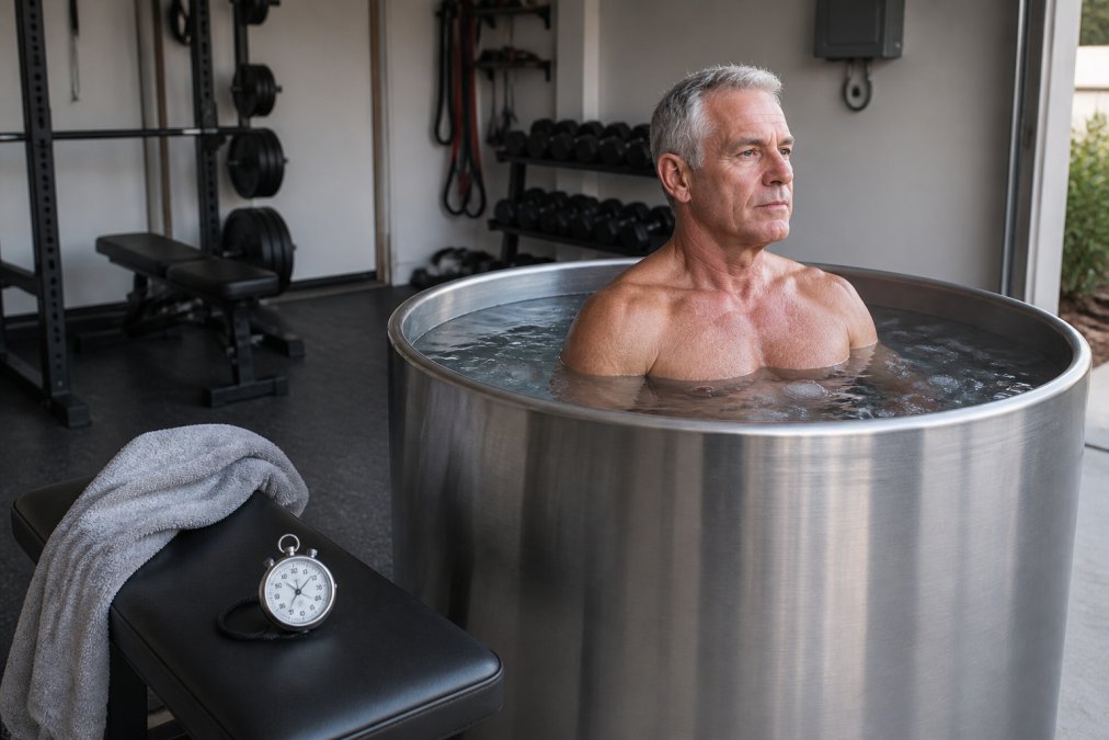A man in his late 50s with gray hair sitting upright in a stainless steel cold plunge tub in a clean home garage gym, with a stopwatch on a nearby bench and a towel draped over the edge