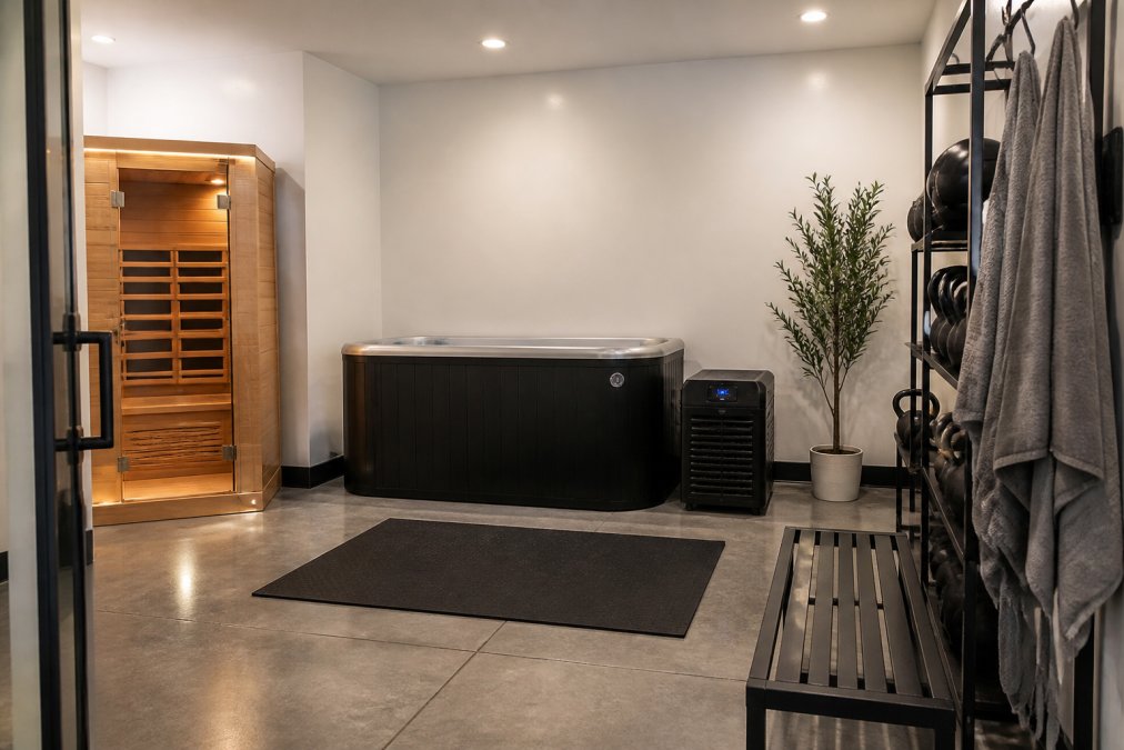 Modern home wellness room with cold plunge tub positioned against a wall with clear clearance space, complemented by infrared sauna and recovery equipment arranged in organized layout with proper ventilation