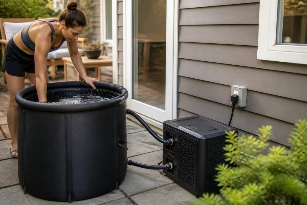 A person in athletic wear setting up a portable cold plunge tub on a patio, with a chiller unit connected and a GFCI outlet visible on the exterior wall of a home