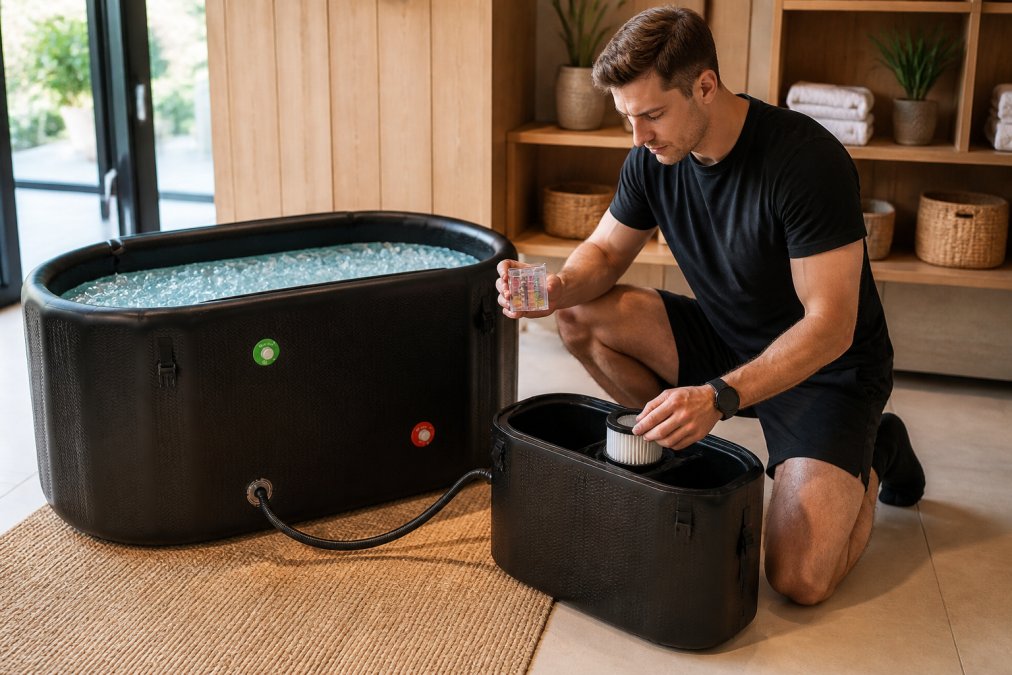 Person checking water chemistry with test kit and adjusting filtration cartridge on cold plunge chiller unit in bright home recovery space