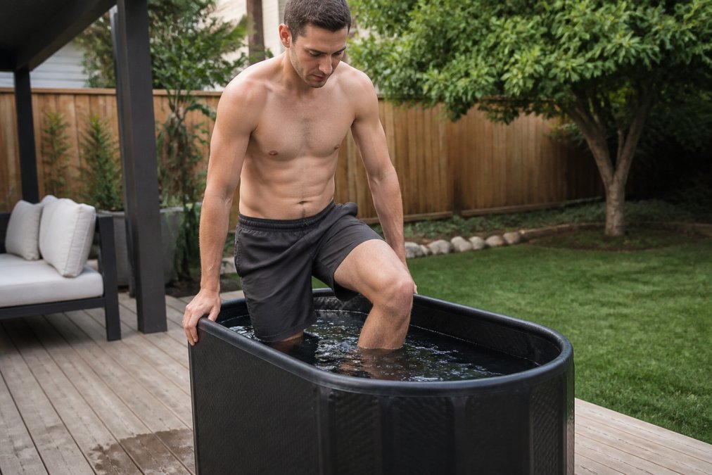 Diagram illustrating the step-by-step process for safely entering a home cold plunge tub to reduce inflammation.