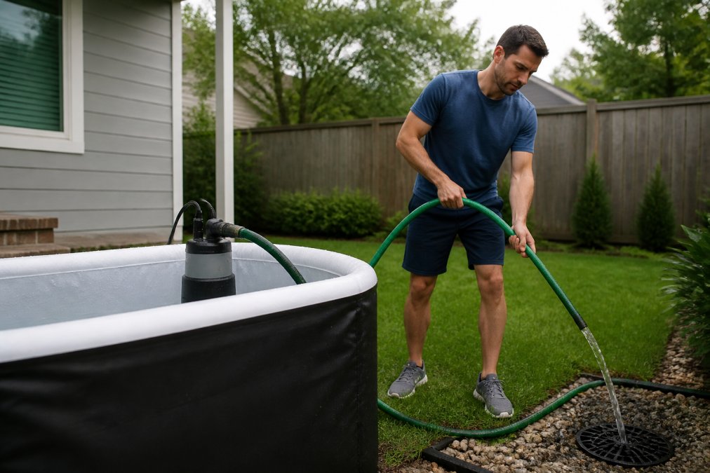 A homeowner in casual athletic wear using a garden hose to drain a portable cold plunge tub in a suburban backyard, with a submersible pump visible on the edge of the tub