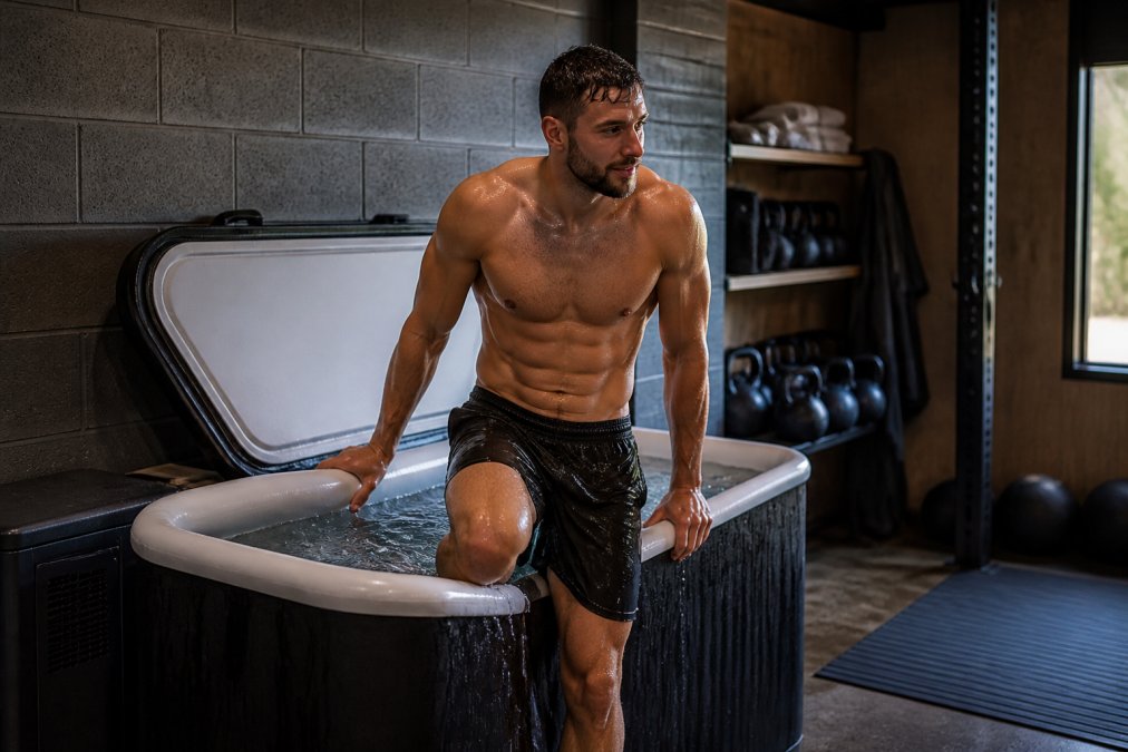 Athlete emerging from a professional-grade cold plunge tub in a modern home gym setting, water droplets visible in cool lighting, thermal lid partially open, with towel and recovery space visible