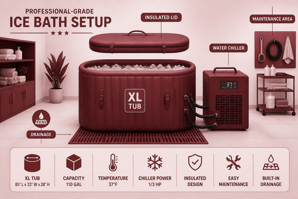 Professional-grade ice bath setup in a wellness space showing the XL tub, chiller unit alongside, thermal insulated lid, and clean modern surroundings with proper drainage and maintenance area