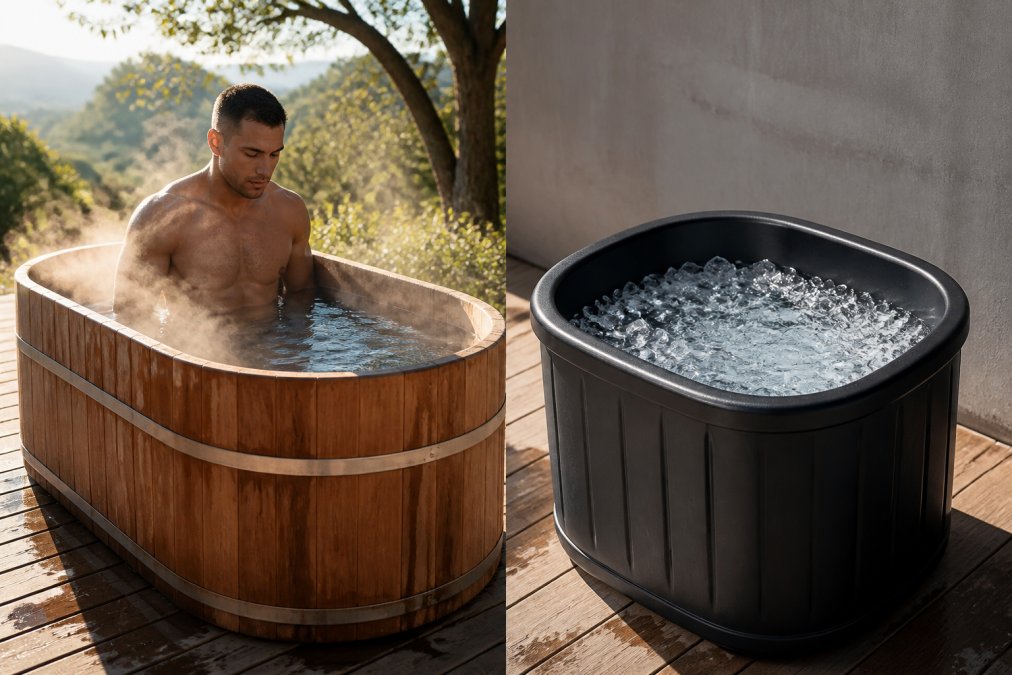 A person lowering themselves into a sleek wooden cold plunge tub outdoors on a sunny morning, with mist rising off the cold water surface and soft natural light filtering through nearby trees