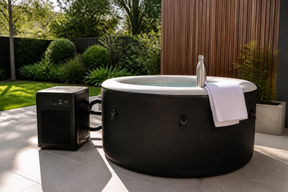 A compact inflatable cold plunge tub set up on a sun-lit backyard patio beside a chiller unit, with a neatly folded white towel and stainless water bottle resting on the tub's edge