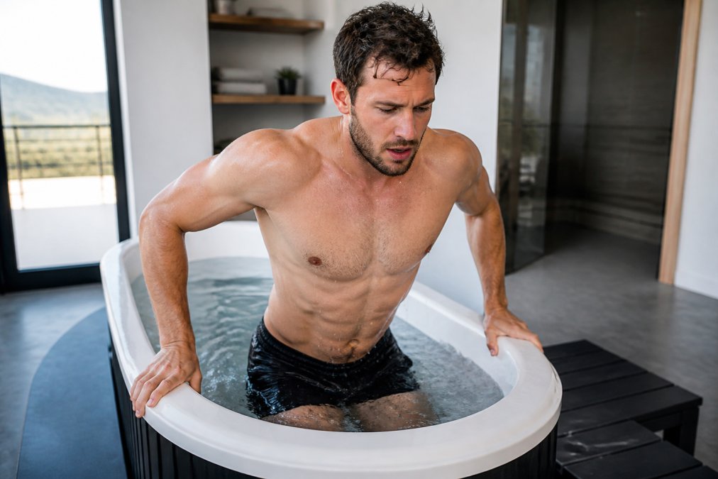 Athlete emerging from a modern cold plunge tub in a home wellness space, showing physical exertion and focused recovery expression with clear water and contemporary equipment visible