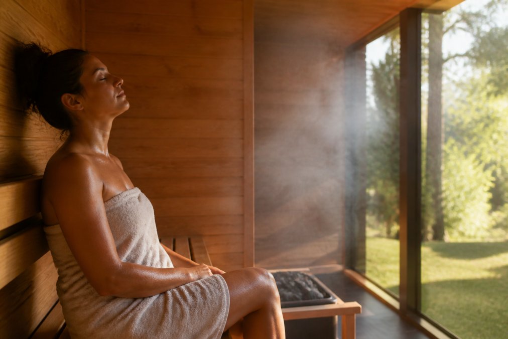 Person relaxing in a sauna with visible steam and warm glow, showing peaceful wellness experience in a modern home setting with natural light