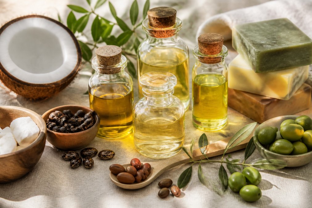 Close-up of natural oils in glass bottles, coconut, olive, castor, and jojoba, arranged with fresh botanicals, soap bars, and a wooden spoon on a natural linen surface with warm, diffused sunlight