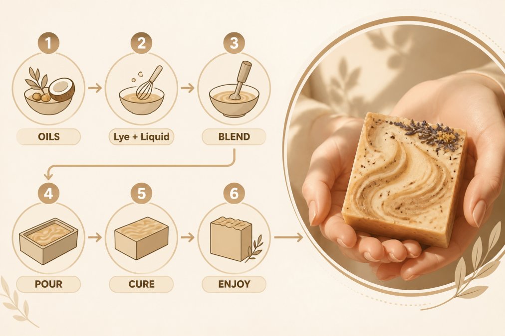 Hands gently holding a handcrafted cold process soap bar with visible texture, natural swirls, and botanical inclusions, with soft natural sunlight illuminating the bar's surface
