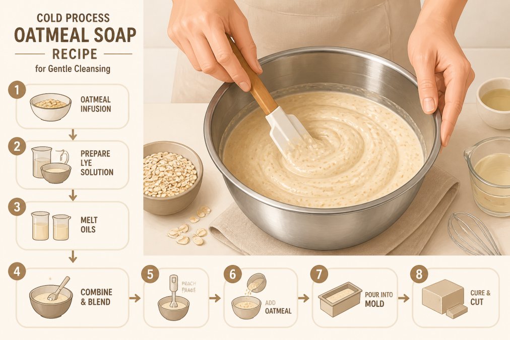 Close-up of hands stirring oatmeal-infused cold process soap batter in a stainless steel mixing bowl, showing creamy texture with visible oat particles, natural kitchen lighting