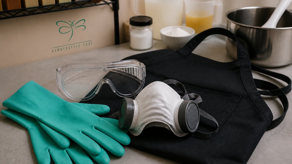 Nitrile gloves, safety goggles, respirator, and apron laid out for soap making
