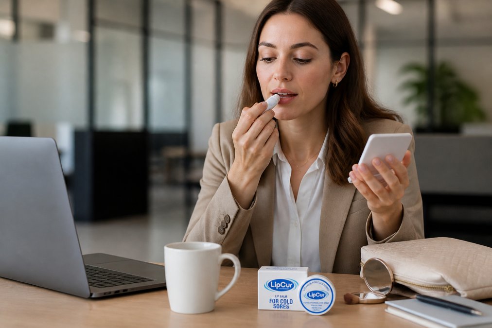 Professional applying lip balm and concealing makeup at a desk with laptop and coffee, showing practical concealment techniques during a workday