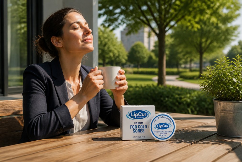 Busy professional taking a mindful break outdoors in natural sunlight, sitting peacefully near a window or in a park, representing stress management and self-care practices