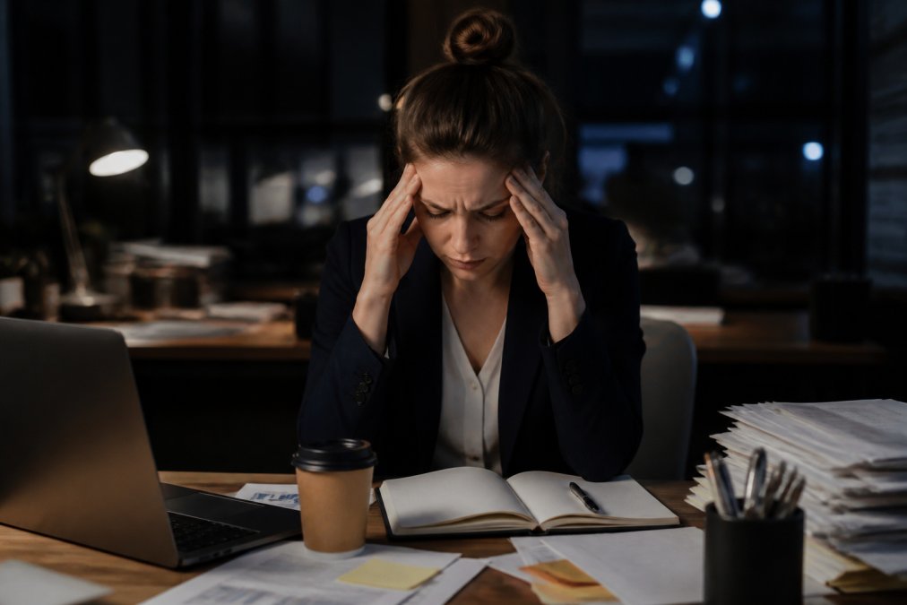 Stressed professional at desk rubbing temples with visible tension in facial expression, shoulders hunched, dim office lighting with computer screen glow