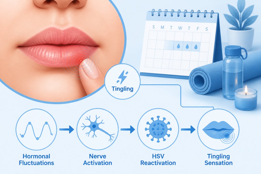 Close-up of a person's lips showing early tingling sensation stage of a cold sore, with a calendar and wellness items visible in soft focus in the background