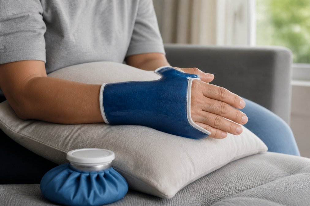 Close-up of a person's hand wearing a stretchy blue gel cold compression sleeve while resting on a soft pillow at home, with a small ice pack nearby and natural light coming through a window
