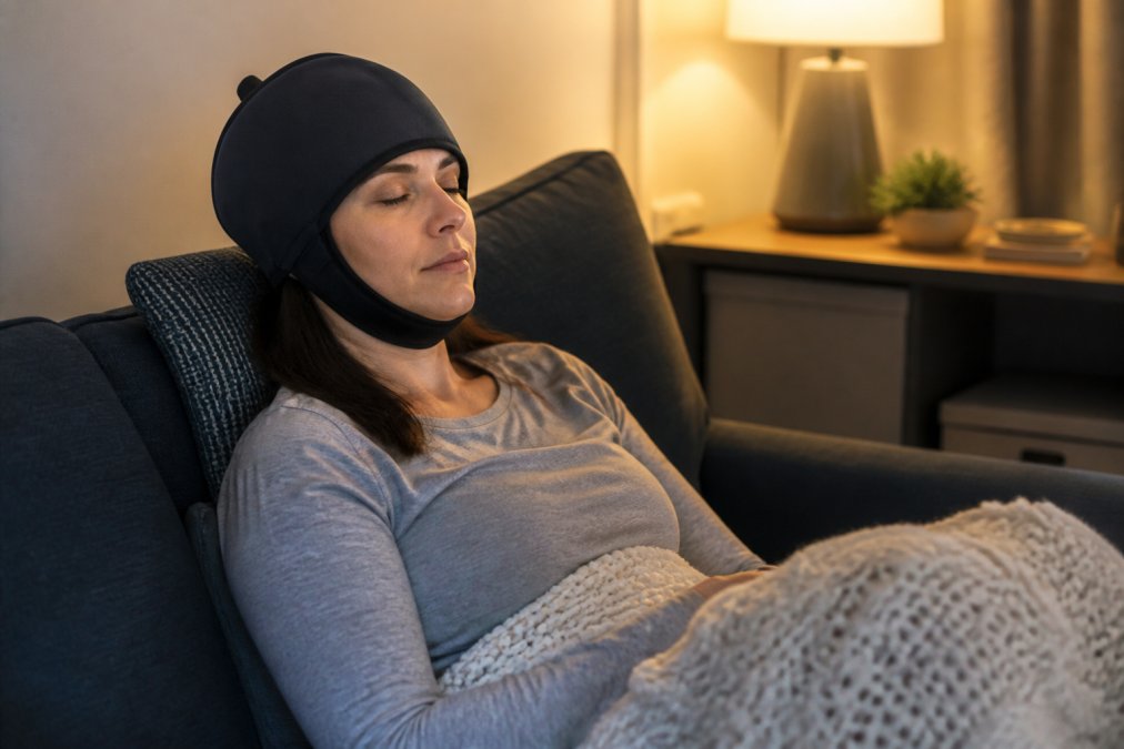 Person wearing a cold therapy migraine relief head cap while sitting in a dimly lit, comfortable space with eyes closed, appearing to experience relief