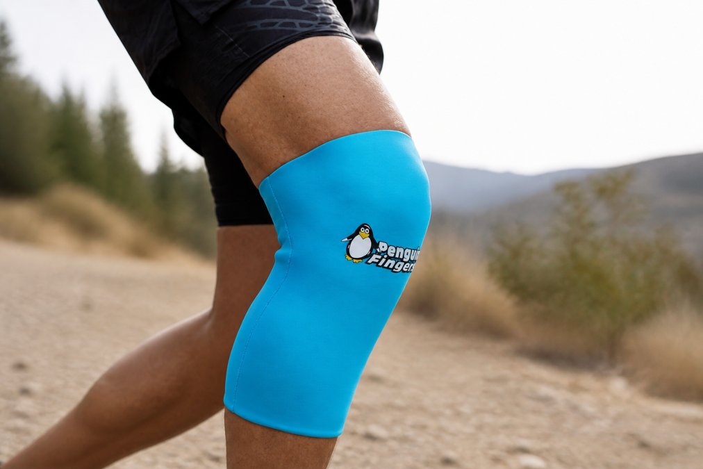 Close-up of an athlete's knee with a cold compression sleeve properly applied over the joint, showing correct fit and secure positioning with visible gel pack integration