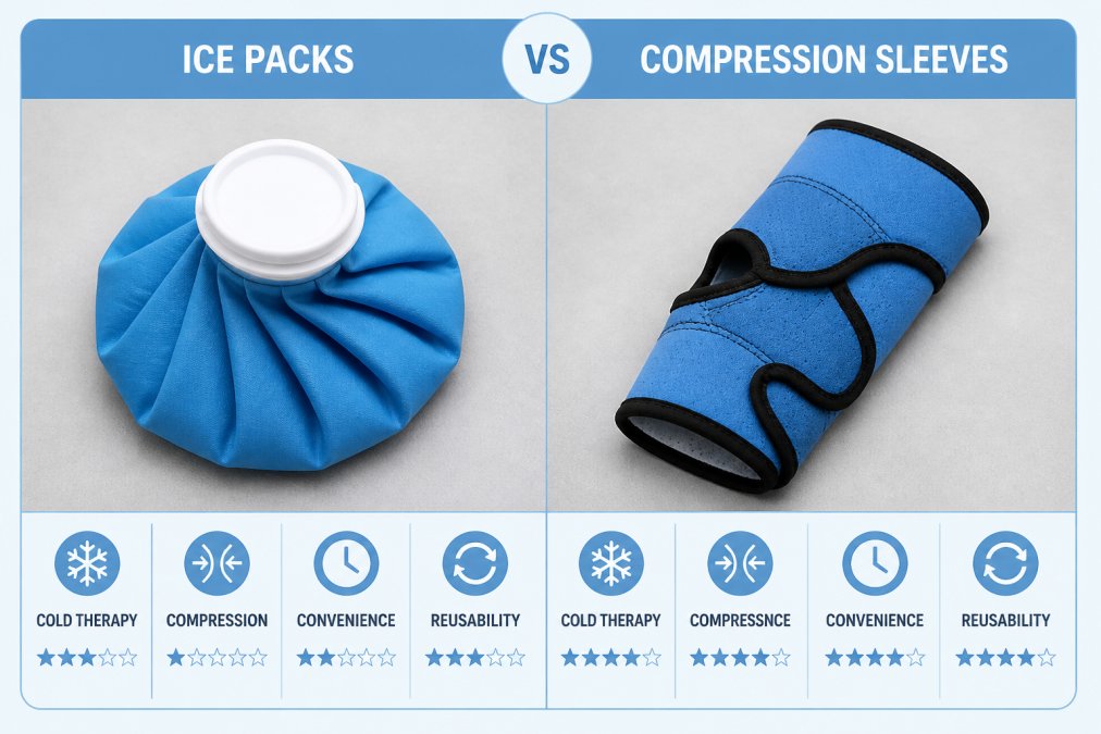 Flat lay photograph showing a traditional blue ice pack next to a wearable Penguin Fingers compression sleeve on a neutral gray surface, with both items clearly visible side by side